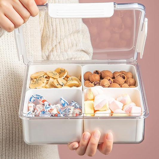 MineSign Divided Serving Tray with Lid for Veggie Charcuterie Container Portion Control Salad Keeper with 4 Removable Boxes Stackable Refrigerator Organizer Bins Food Storage Organizer Produce Saver