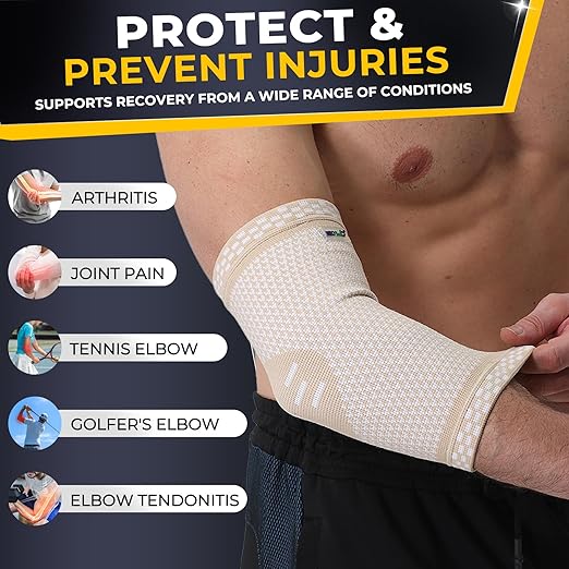 NeoTech Care Elbow Support Brace - Breathable - Men, Women, Right or Left (Beige Color, Size L, 1 Pair)