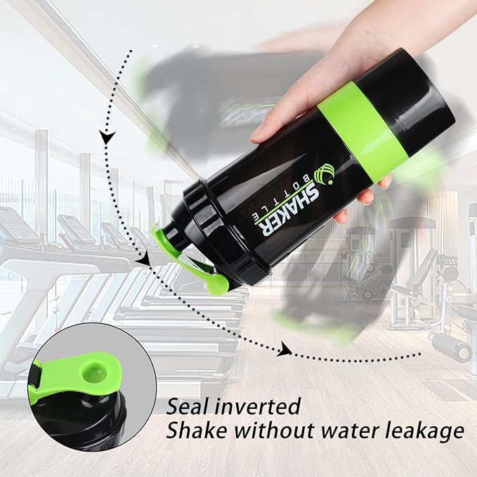 Shaker Bottle - Protein Shaker Cup with Storage Compartments - Leak-proof Workout Shake Bottles with Mixer for Smooth Mixing-500ML/16oz (GREEN & BLACK)