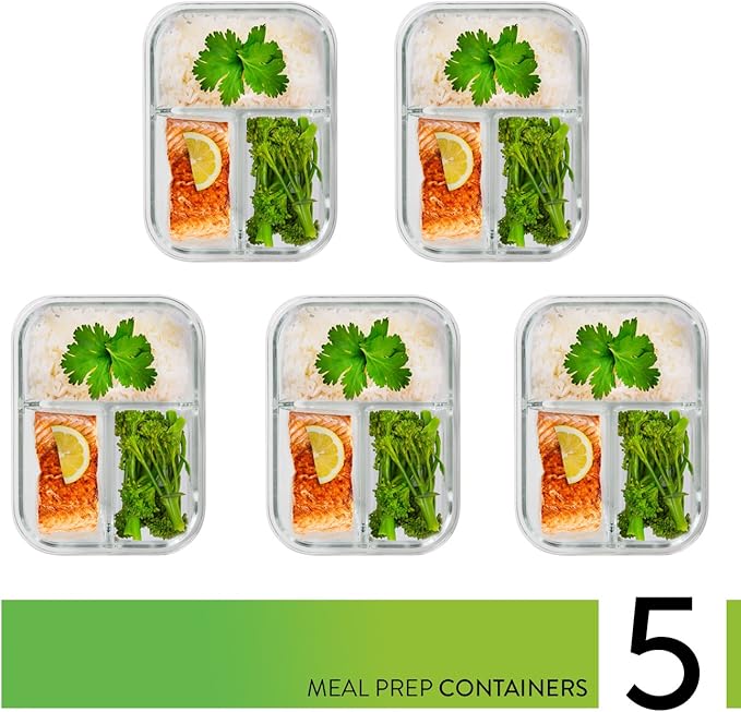 PrepNaturals 5 Pack 34 Oz Glass Meal Prep Containers - Dishwasher Microwave Freezer Oven Safe - Glass Storage Containers with Lids (Multi-Compartment)