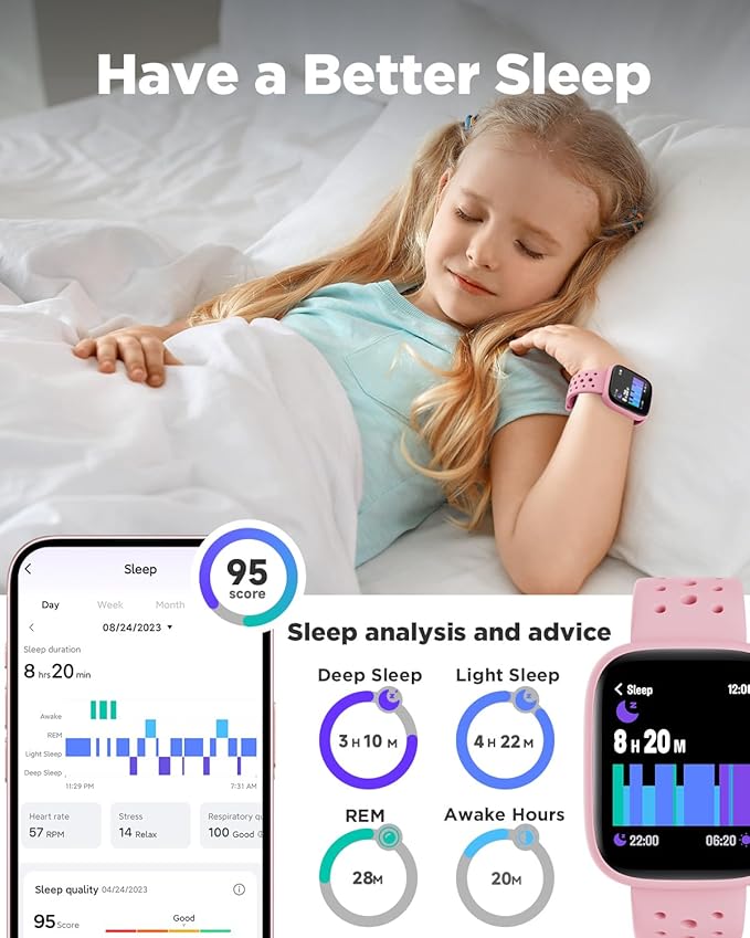 BIGGERFIVE Smart Watch for Kids, 1.8" Fitness Tracker Watch Pedometer, Heart Rate, Sleep Monitor, IP68 Waterproof, Calorie Step Counter, Puzzle Games with/Without APP for Girls Teens 5-16, Pink