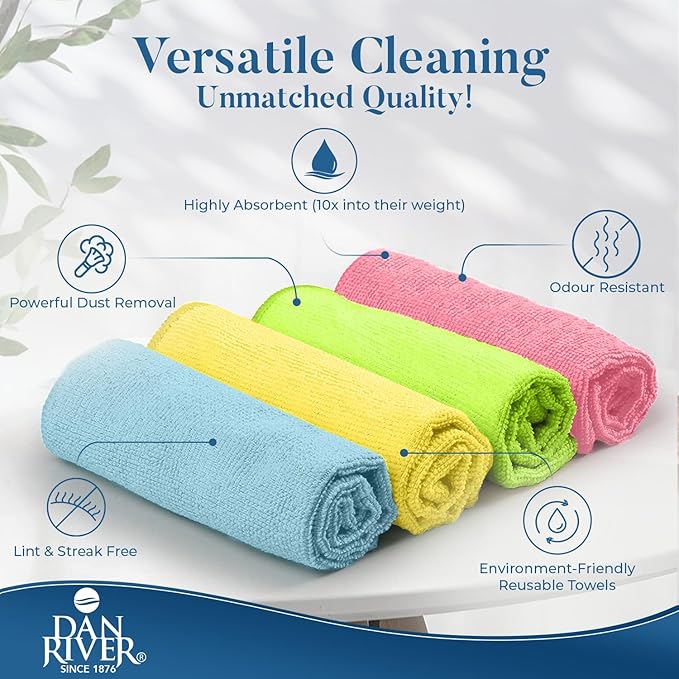 DAN RIVER 24-Pack Microfiber Towels โ Ultra Absorbent, Lint-Free & Streak-Free Rags for Cleaning House, Car & Kitchen - Must-Have Cleaning Essentials - 12" x 12" - Assorted