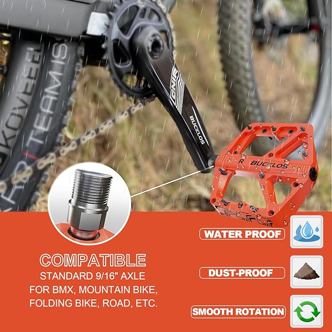 BUCKLOS Mountain Bike Pedals MTB Pedals Flat, Adult Bicycle Road Bike Large Platform Nylon Non-Slip Pedal for Gravel Bike/Hybrid Bike 9/16"
