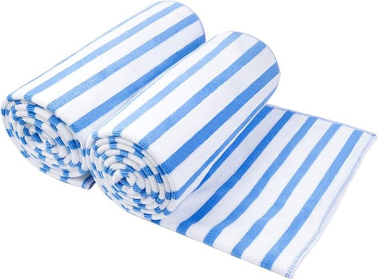 JML Microfiber Beach Towels, Quick Drying Bath Towel Set for Adult, 2 Pack, 30" x 60", Cabana Stripe, Absorbent, Use for Travel, Summer, Sport, Swimming, Pool, Yoga, Camping, Microfiber StripeBlue