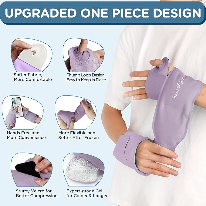 Comfytemp Wrist Ice Pack Wrap for Carpal Tunnel Relief, 2 Gel Packs, Hot Cold Compression Brace for Hand Injuries Reusable, Tendonitis, Men Women Surgery Gift (Purple)