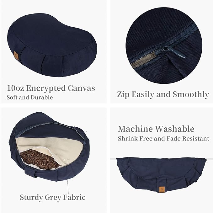 Crescent Zafu Meditation Pillow, D=17" W=11" H=5.5" Zabuton Yoga Bolster, Meditation Cushion, Floor Pouf Yoga Pillow Zippered Organic Cotton Cover Natural Buckwheat kneeling pillow - Large