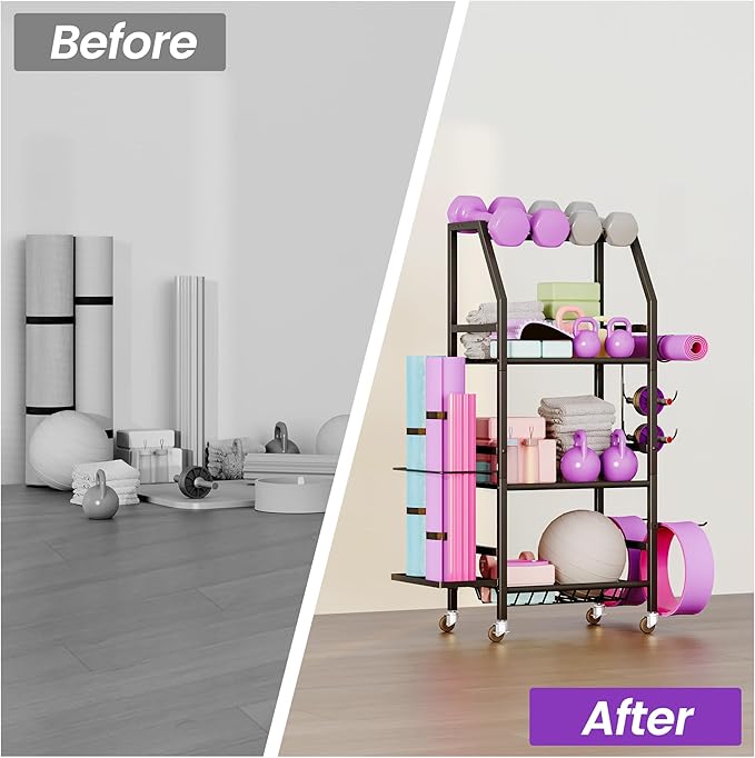 Homeiju Dumbbell Rack, Weight Rack for Home Gym, Yoga Mat Storage Holder with Lockable Wheels, Dumbbell Stand with Hooks, All in One Work out Equipment Storage for Yoga Mat Dumbbell and Balls