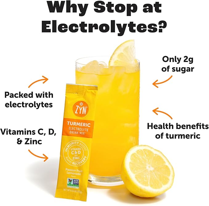 ZYN Electrolyte Drink Mix Hydration Packets, Passion Fruit Electrolytes Powder, Hydration Packets w/Turmeric Curcumin, Vitamin C & D, Zinc, Hydrate & Recover Electrolyte Powder, Pack of 32