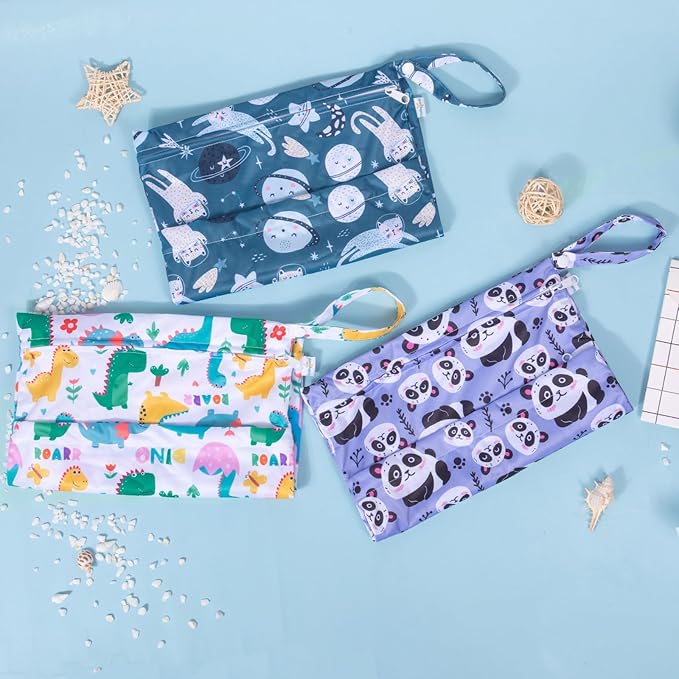 babygoal Wet Dry Bags for Baby Cloth Diapers, Washable Travel Bags,Beach,Pool,Gym Bag for Swimsuits &Wet Clothes with Two Zippered Pockets 3 Pack, 3LN04