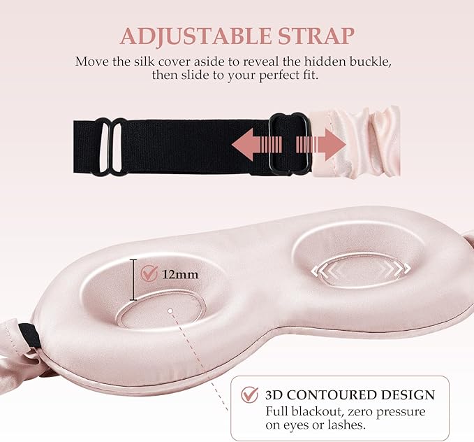 100% Mulberry Silk Sleep Mask for Unisex, 22 Momme 3D Silk Contoured Eye Mask, Breathable Light Blocking Blindfold with Adjustable Strap, Blackout Eye Cover for Travel, Pink