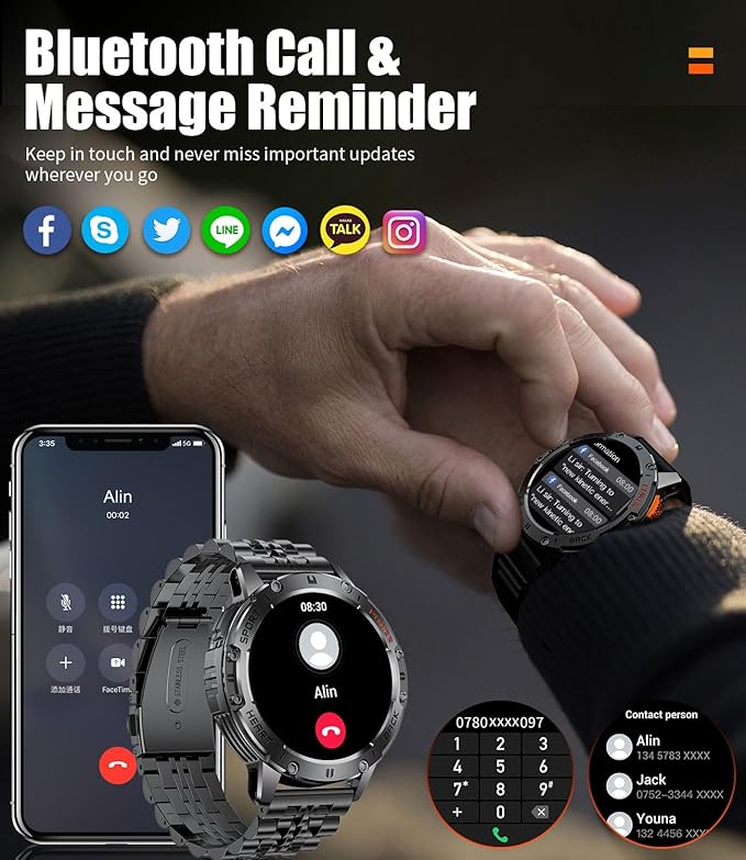 Smart Watch for Men for Android/iOS(3 Bands),1.43’’ AMOLED Display Sport Watch with 123 Sport Modes/FlashLight,5ATM Waterproof Fitness Tracker with Blood Pressure/Heart Rate/Sleep Monitor,Metal