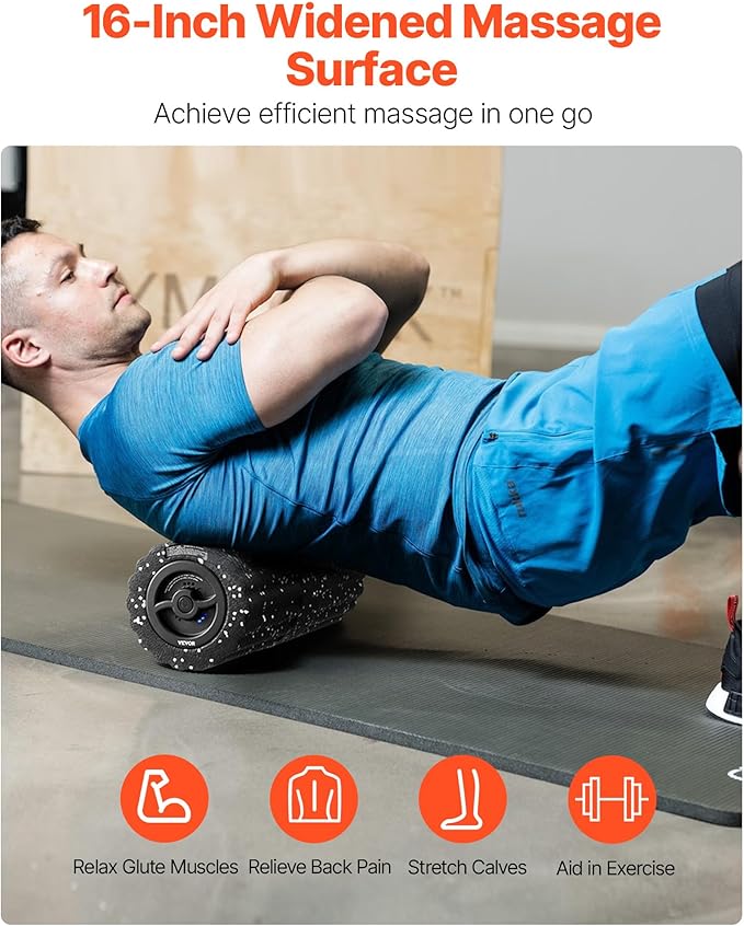 VEVOR 16 Inches Rechargeable Vibrating Foam Roller, 4-Speed Electric Massage Roller with 3D Texture, High-Density EEP Foam for Deep Tissue Muscle Massage, Back Pain Relief, and Post-Exercise Recovery