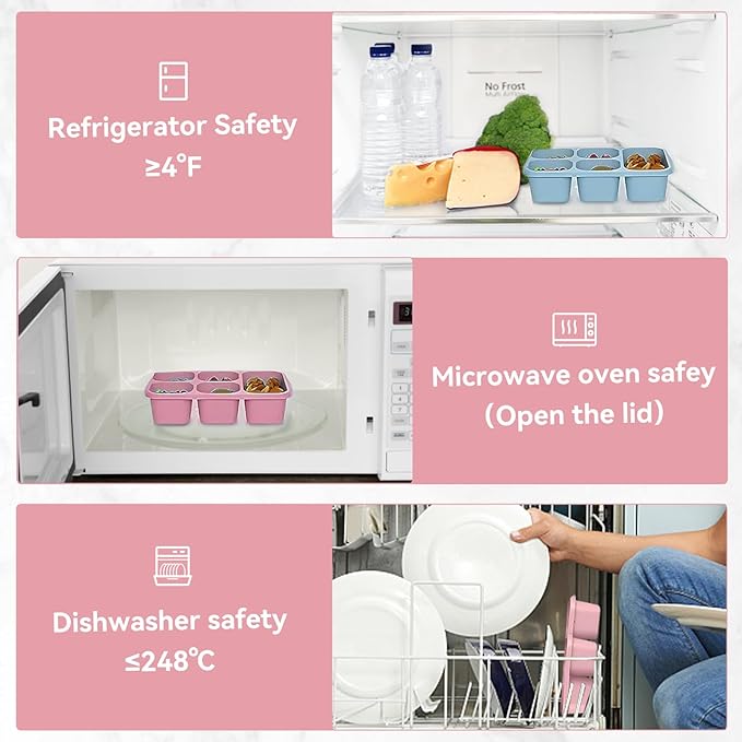 Bento Lunch Box with Reusable, 5 Compartment Bento Box for 4 Pack, Bento Snack Containers for Travel and Work