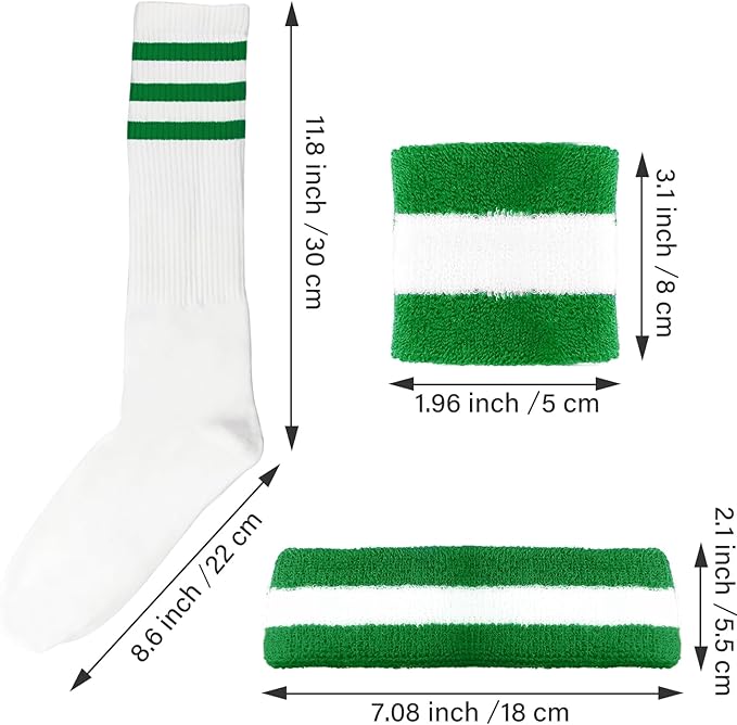 10 Pieces Striped Sweatbands and Striped Socks Set Headbands Wrist Sweat Bands for Men and Women Sports 80s 90s Fitness