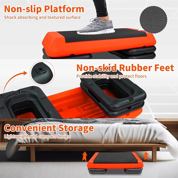 Adjustable Aerobic Stepper Workout Step with 4 Risers Fitness & Exercise Platform Trainer