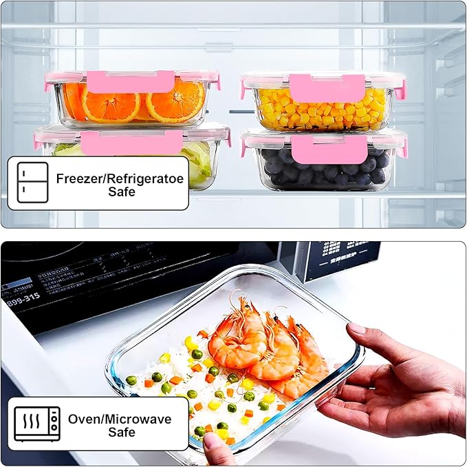 VERONES 10Pack Glass Meal Prep Containers, Airtight Glass Lunch Containers,Stackable Glass Food Storage Containers Set with Lids,Exclusive of BPA, for Microwave,Oven, Freezer&Dishwasher Friendly,Pink