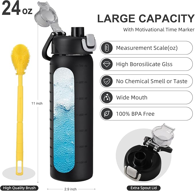 24 oz Glass Water Bottles with 2 Lids-Handle Spout Lid & Straw Lid, Motivational Water Bottle with Time Marker and Silicone Sleeve,Leakproof-Black-1 Pack