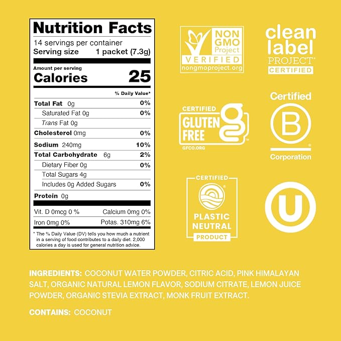 Cure Hydration | Plant-Based Electrolyte Drink Mix | No Added Sugar | FSA & HSA | Dehydration Relief Powder Made with Coconut Water | Non-GMO | Vegan | Pouch of 14 Packets - Lemonade