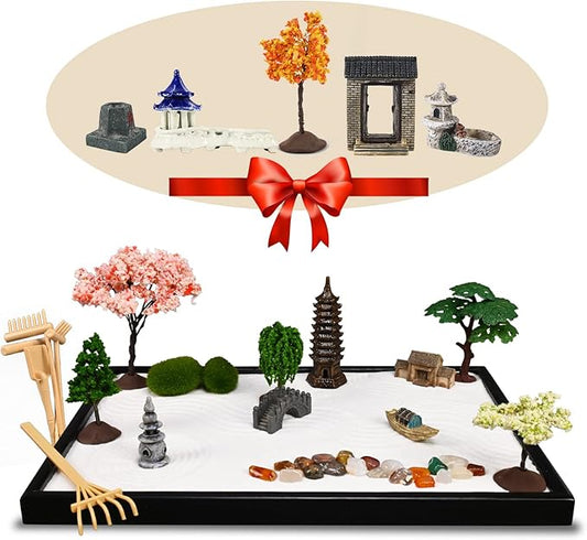 14" x 10" Large Japanese Zen Garden Kit for Desk – Includes 25+ Accessories: Sand Tray, Rake, Trees, Incense Burner, Bridge, Well, Door – Calming Decor Gift for Women, Mindfulness & Stress Relief