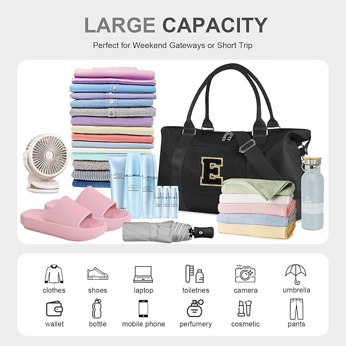 Dance Gym Duffel Bag for Teen Girls, Personalized Initial Travel Weekender Bag,Cute Overnight Carry On Duffle for Women,Sports Travel Cheer Bag,Monogram Christmas Gifts for Tween Preppy(black-E)