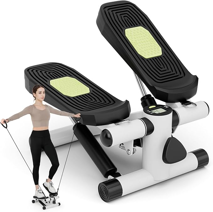 GYMAX Steppers for Exercise at Home, Hydraulic Mini Stair Stepper with Resistance Bands & LCD Monitor, Portable Under Desk Cardio Equipment Step Machine for Home Gym