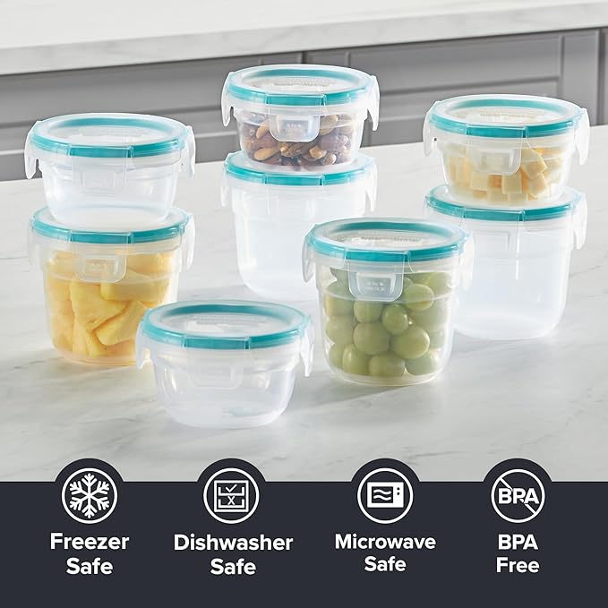 Snapware Total Solution 16-Pc Plastic Food Storage Containers Set,(4) 2-Cup & (4) 1.2-Cup Round Meal Prep Container, BPA-Free Lids with 4 Locking Tabs, Microwave, Dishwasher, and Freezer Safe