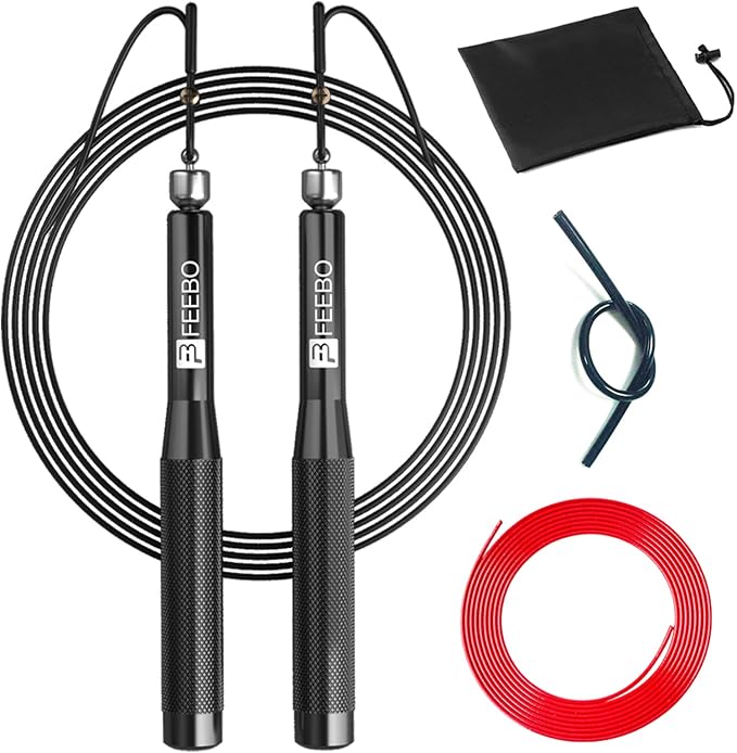 feebo High Speed Jump Rope with Double Ball Bearing, Adjustable Tangle-Free Jumping Rope with 2 Speed Rope & Aluminum Non-Slip Grip, Weighted Skipping Rope for Double Unders,Boxing, MMA, Fitness