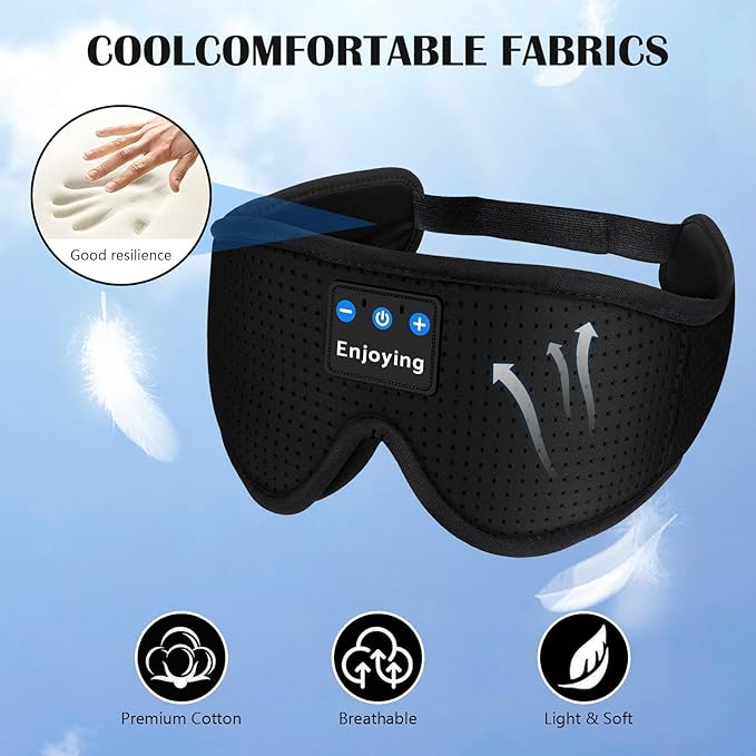 Sleep Headphones, Sleep Mask Bluetooth Wireless Music Eye Mask, Sleeping Headphones for Side Sleepers Sleep Mask with Bluetooth Headphones Ultra-Thin Stereo Speakers for Sleeping (Black)