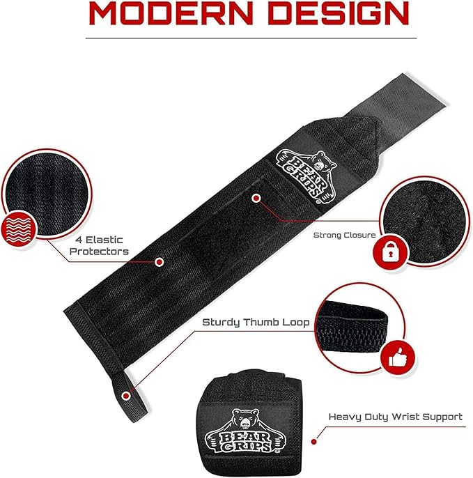 Bear Grips Wrist Wraps for Weightlifting | Weight Lifting Wrist Straps for Weightlifting | Extra Strength Gym Wrist Wraps | Two Wrist Wrap Per Pack | 12β & 18β | Lifting Wrist Wraps for Men & Women