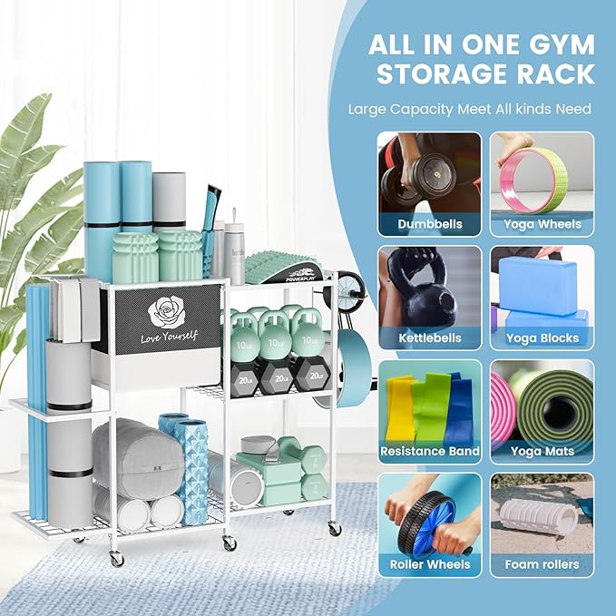 Yoga Mat Storage Rack,Home Gym Storage Rack Gym Workout Equipment Storage Organizer Fitness Weight Rack on Wheels for Yoga Mat,Yoga Block,Foam Roller,Resistance Band,Dumbbell,Kettlebell and Other Workout Accessories