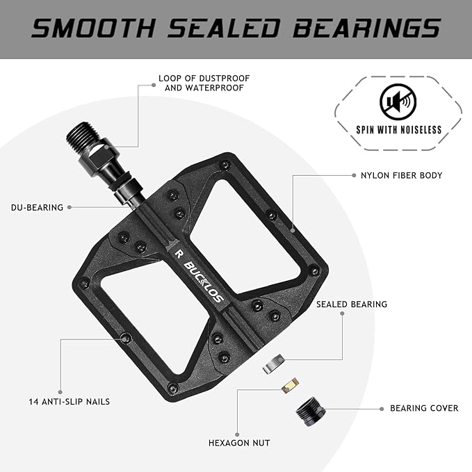 BUCKLOS MTB Flat Pedals Mountain Bike Pedals, 3 Bearings CNC Adult Road Bike Pedals, Bicycle Platform Aluminum Alloy Non-Slip Pedal for Gravel Bike/BMX 9/16"(Black)