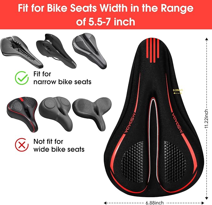 MSDADA Bike Seat Cushion Gel Padded Bike Seat Cover for Men & Women Comfort - Soft Bicycle Seat Cushion for Outdoor, Exercise/Spin/Stationary/Mountain/Road Bikes