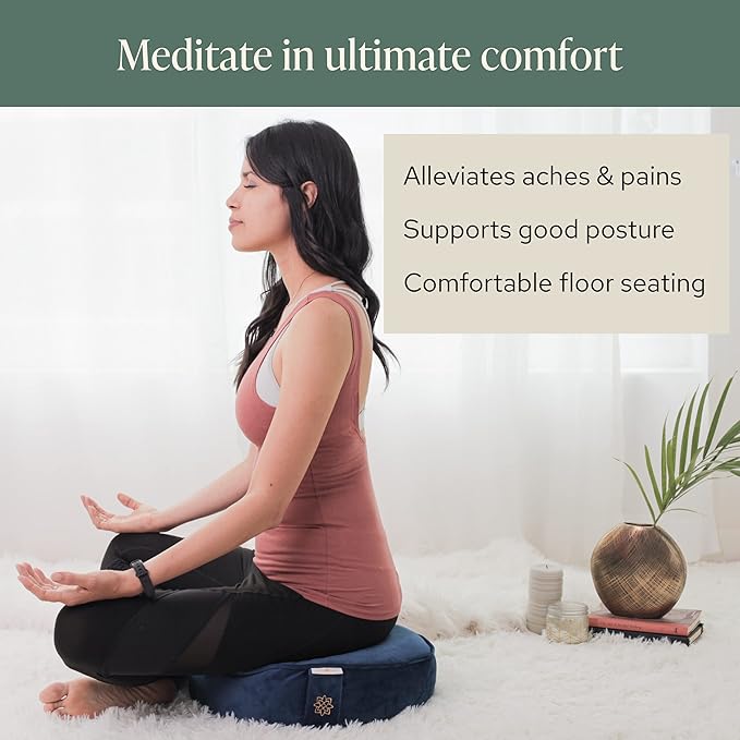 Mindful Modern Velvet Meditation Cushion | Luxe Zafu Yoga Floor Pillow Seat | Posture Support | Buckwheat Hull Filled | Large Round Cushion with Removable Washable Cover + Carry Handle
