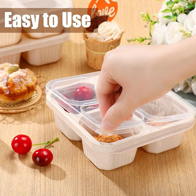 12 Pcs 4 Divided Compartments Snack Containers Bento Wheat Straw Snack Box with Lid Reusable Meal Prep Lunch Box Food Storage Containers for Adults Travel Work(Beige)