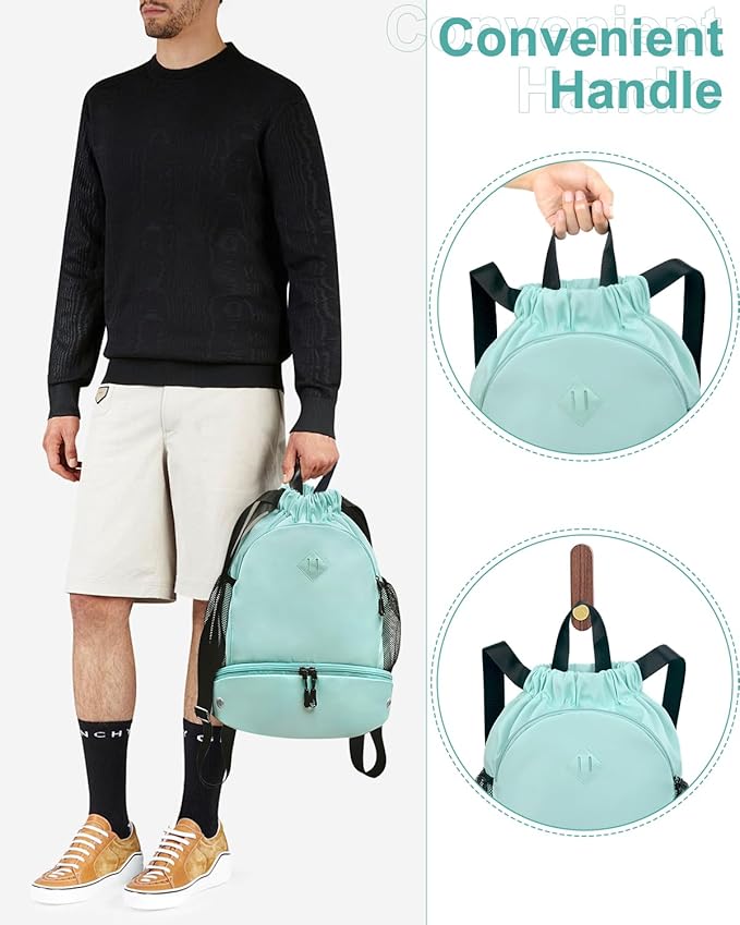 Drawstring Backpack Gym Backpack with Shoe Compartment for Men Women String Sports Bag with Wet Pocket Cinch Swim Beach Bag, Mint Green (Patent Pending)