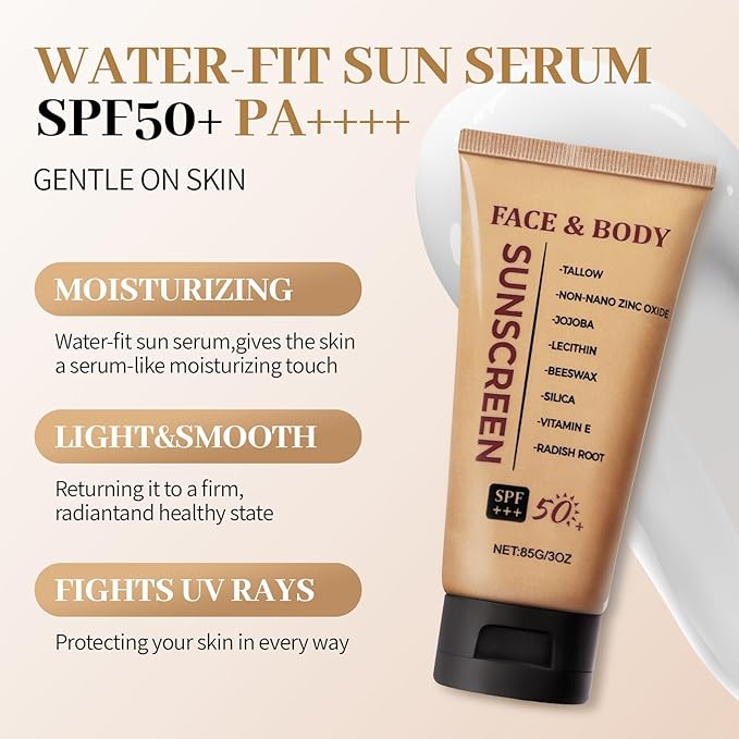 Tallow Sunscreen Grass-Fed Beef Tallow Sunscreen with Non Nano Zinc Oxide SPF50 Mineral Natural Sunblock for Face and Body Non-Greasy, 3 OZ