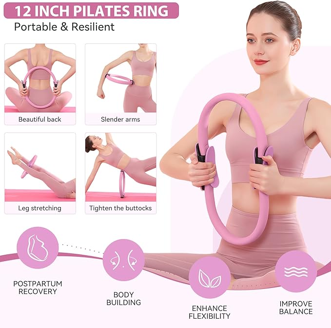 HASHMUST Pilates Ring Kit 12 PCS for Women, Home Workout Equipment with Magic Circle, Mini Exercise Ball, Resistance Bands, Massage Lacrosse, Yoga Strap, Full-Body Fitness Set for Toning & Gift