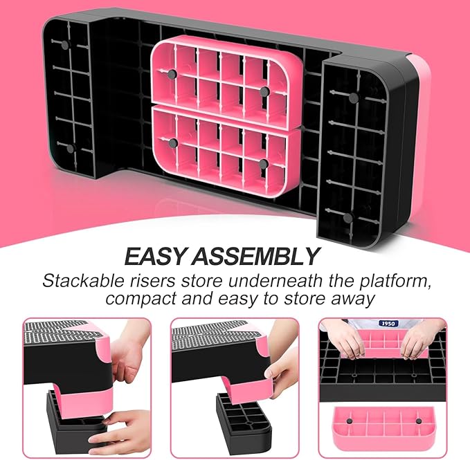 EVERYMILE Aerobic Exercise Step, Adjustable Aerobic Stepper for Exercise, Workout Step Platform, Step Up Box, 26.5" Step Deck with 4” 6” 8” Adjustable Height Risers, Women Home Gym Fitness