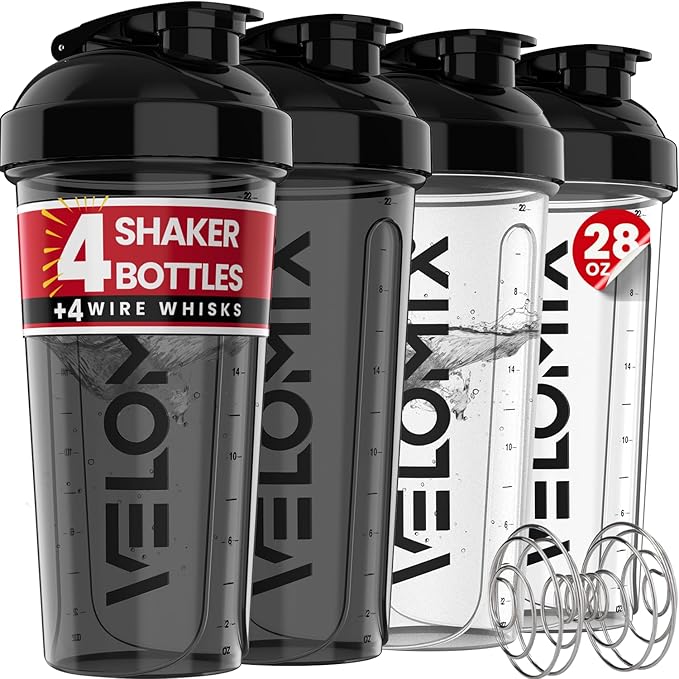 -4 PACK- 28 oz Protein Shaker Bottle for Protein Mixes - 4x Wire Whisk | Leak Proof Shaker Cups for Protein Shakes | Protein Shaker Bottle Pack | Protein Shake Cup (Clear Set)