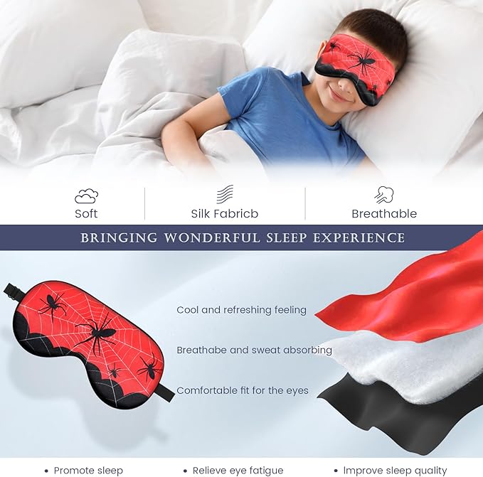 2 Pcs Sleep Mask for Kids Boys, Silk Eye Covers for Sleeping, Adjustable Strap & Light Blocking Design, Adult Children's Bedtime Blindfold for Travel and Home Use (Spider)