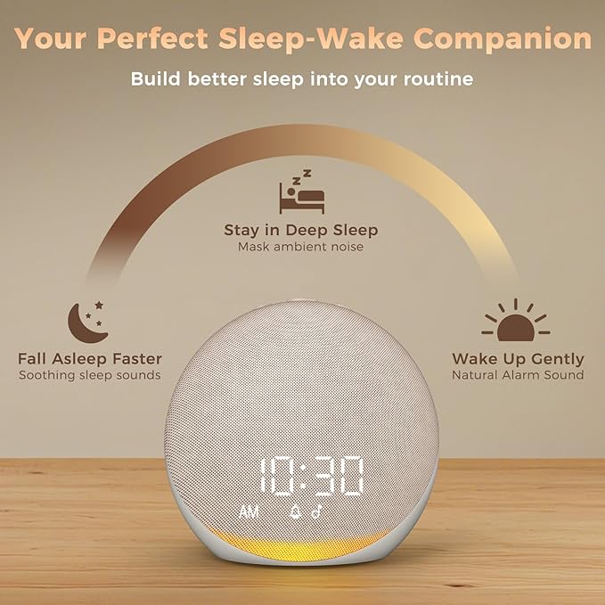 Sound Machine Alarm Clock for Bedroom: 25 Natural Sleep Sounds - White Noise Machine for Adults Kids Baby - Gentle Wake Up Alarm with Bluetooth Speaker - Putty