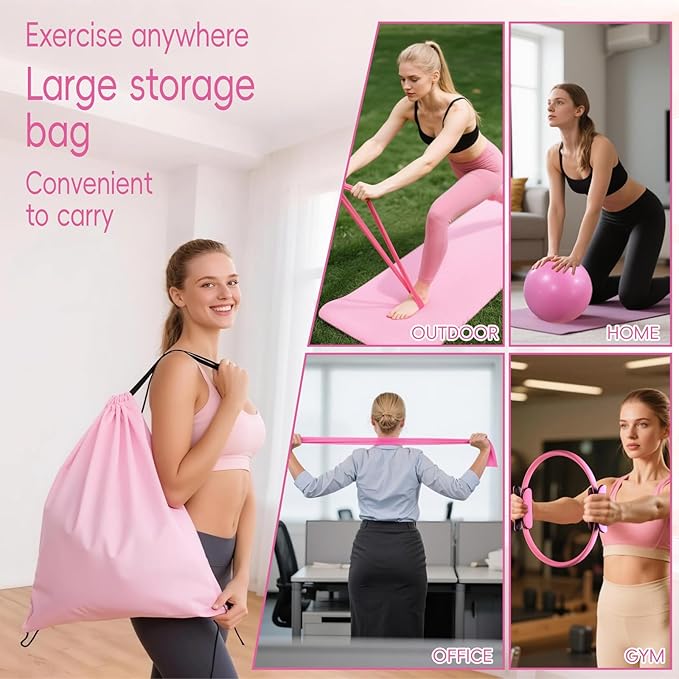 KABCON Pilates Equipment Essentials Set for Women at Home with Complete User Guide,13” Pilates Ring,9.8” Exercise Ball,Resistance Bands,Yoga Socks,Yoga Strap,13/14/16-Pcs Starter Workout Set