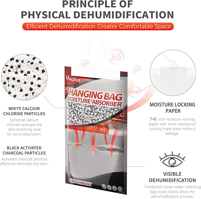 Vacplus Moisture Absorbers, Hanging Closet Dehumidifier Bags, Humidity Packs, Desiccant, Closet Dehumidifiers with Activated Charcoal, 10 Pack, 9.8 OZ