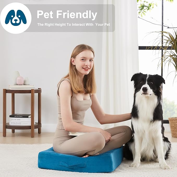 JKMAX 2 Pcs High Density Foam Floor Pillow - Upgraded Large Pillows Seating for Adults - Outdoor Floor Cushion with Soft Tufted Cover - Yoga Pillows for Sitting On Floor - 22 Inch Peacock Blue