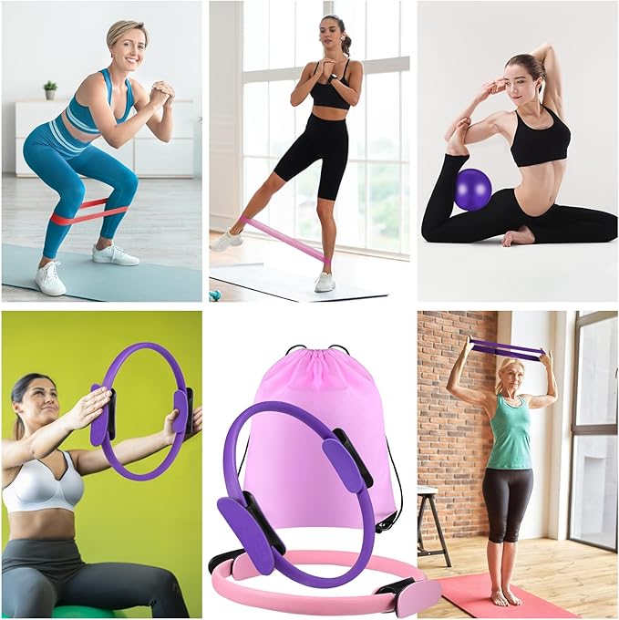 21 Pcs Pilates Ring Circle Set Home Pilates Equipment Kit for Women Pilates Equipment Home Workout Equipment Set Includes 9.8 In Ball Yoga Ring Stretching Strap 8 Resistance Bands Non Slip Socks