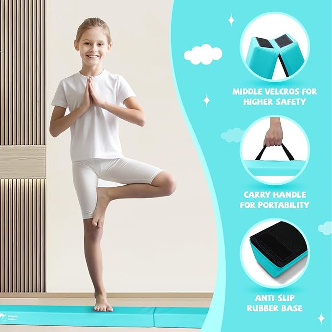 Kangaroo Hoppers 8FT Kids Balance Gymnastics Beam for Kids, Folding Extra Firm Foam Floor Beam for Beginners, Home Training Equipment with Anti-Slip Base, Carrying Bag