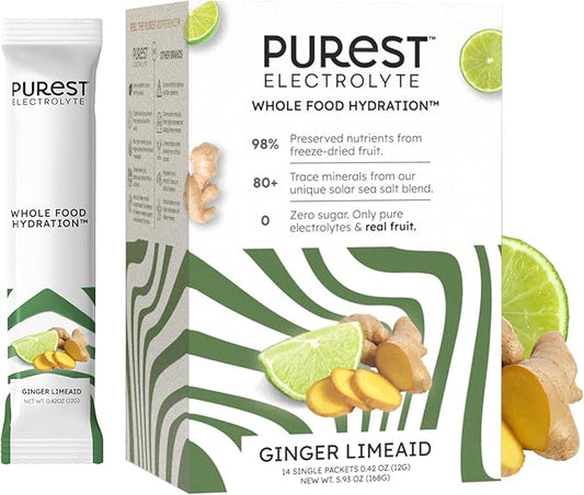 Know Brainer Purest Electrolyte Ginger LimeAid Powder Packets – Whole Food Hydration - Keto Friendly, & Zero Sugar - Organic Freeze-Dried Fruits and Solar Sea Salts for Ultimate Electrolyte Balance