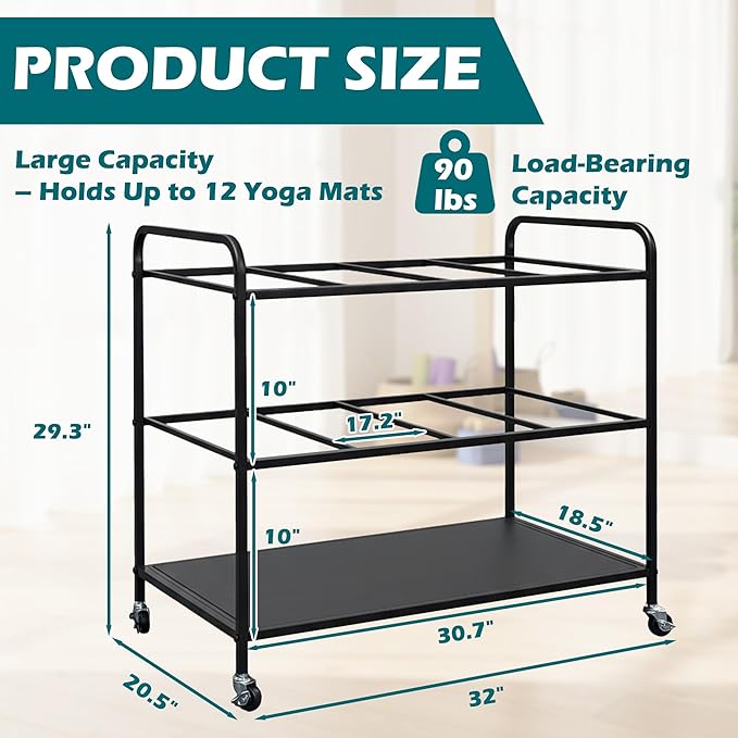 Yoga Mat Storage Basket,Yoga Mat Rack with Lockable Wheels,Holds up to 90lbs Gym Equipment Organizer Holder for Dumbbells, Kettlebells and Foam Rollers (Black)