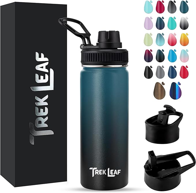 Travel Water Bottle with 3 Lids (Spout, Straw, Flip) Leak Proof, Quality, Vacuum Insulated, Stainless Steel (Cascade Shadow, 18 oz)