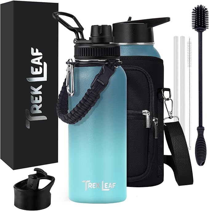 Travel Water Bottle with Carrying Bag, 3 Lids (Spout, Straw, Flip), and Bottle Brush; Leak Proof, Quality, Vacuum Insulated, Stainless Steel (Storm Cloud, 32 oz)